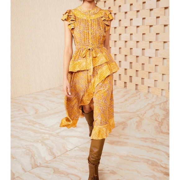 Ulla Johnson Dresses & Skirts - Ulla Johnson Netra Dress in Citrine Size 6 Silk Ruffle Flutter Sleeve Midi Dress
